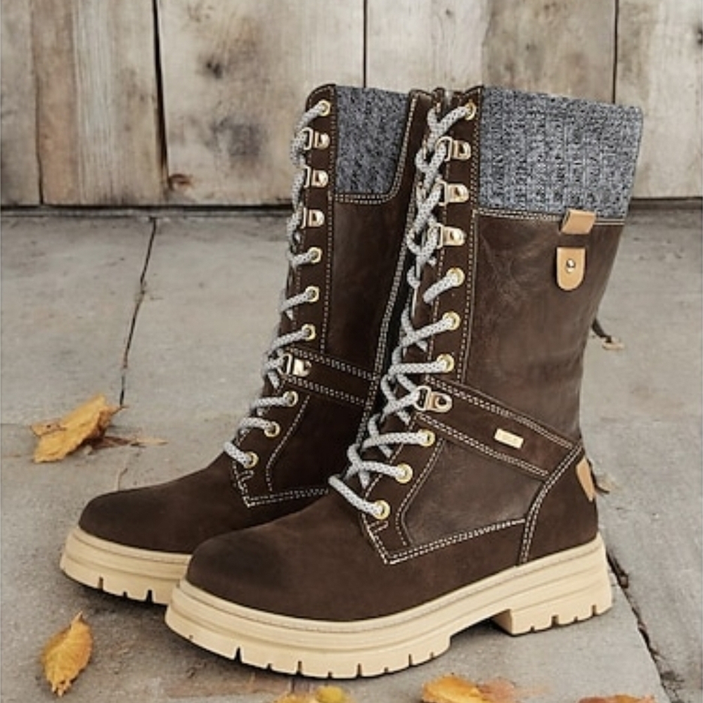 YNS Generic Brown Lace-Up Boots with Gray Knit Detail